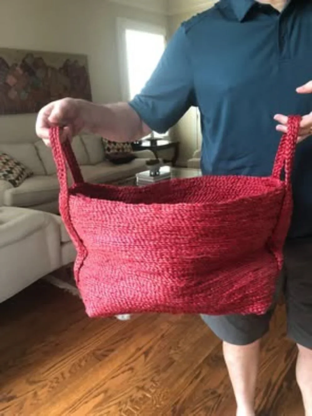 Jute hand braided bag woven wide space storage tote red